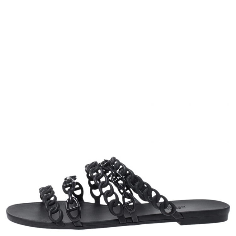 Pre Owned Hermes Black Rubber Chain Stappy Flats Size 40 