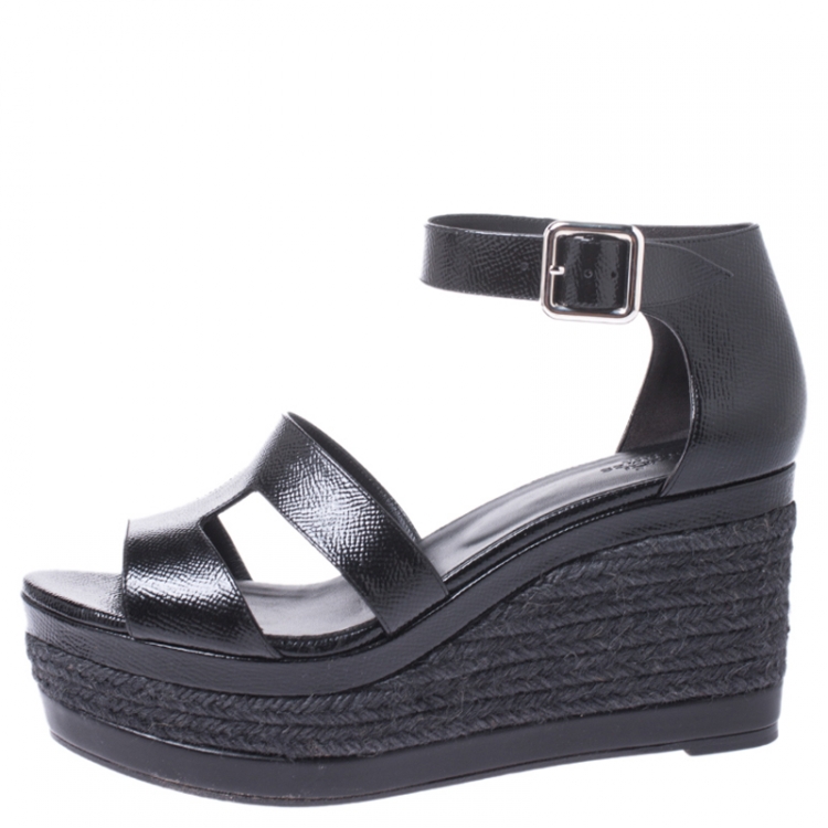 Hermes Black Textured Patent Leather Ilana Espadrille Wedges Sandals ...