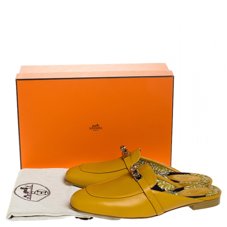 Pre Owned Hermes Mustard Calfskin Leather Palladium Plated Oz Mules Size 41