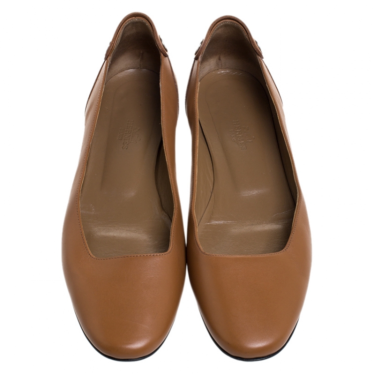 Pre Owned Hermes Brown Leather Ballet Flats Size 38.5