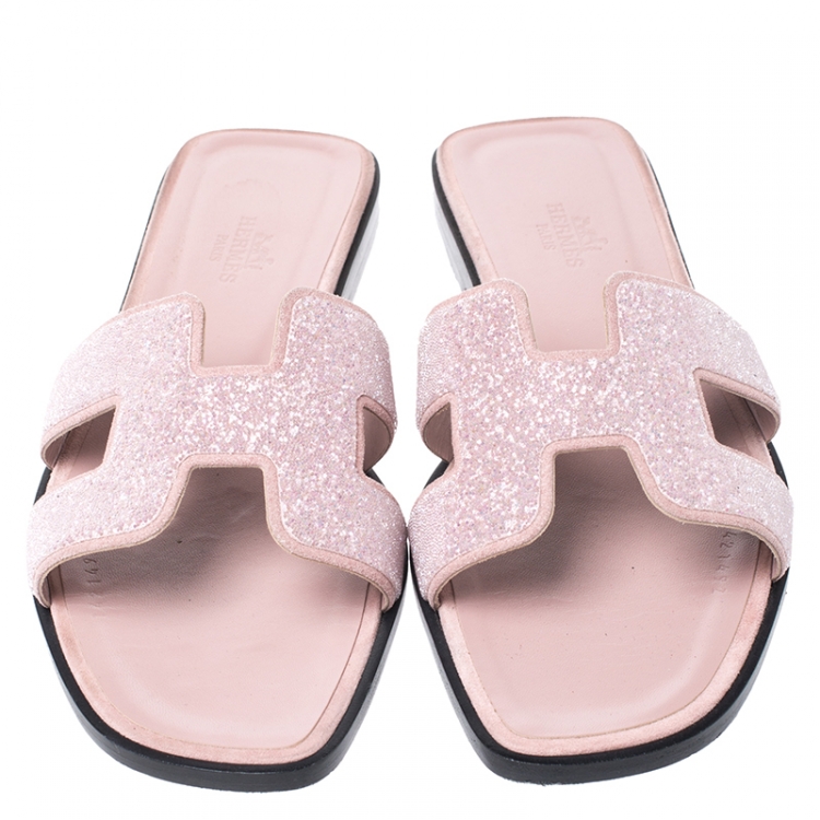 Pre Owned Hermes Blush Pink Crystal Suede Oran Flat Slides Size 38
