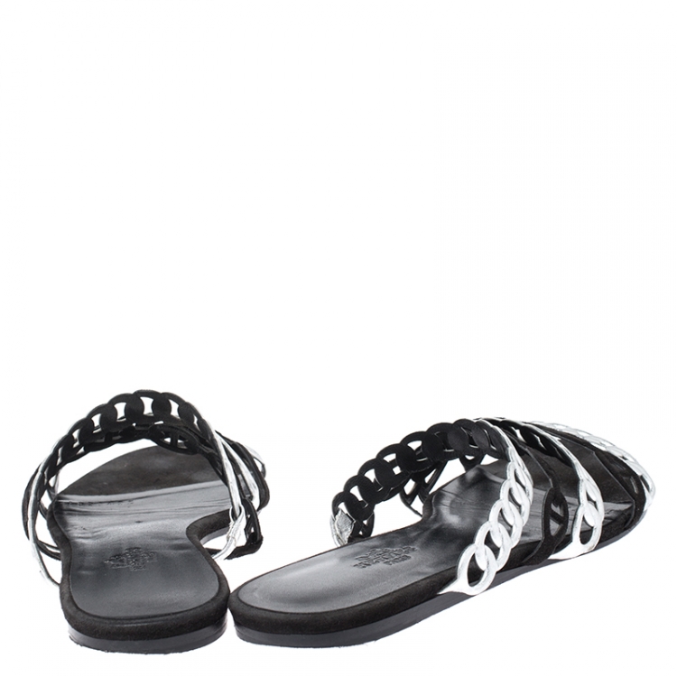 Pre Owned Hermes Metallic Silver Leather And Black Suede Chaine D'ancre Flat Sandals Size 37
