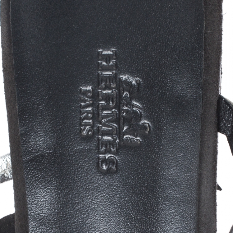 Pre Owned Hermes Metallic Silver Leather And Black Suede Chaine D'ancre Flat Sandals Size 37