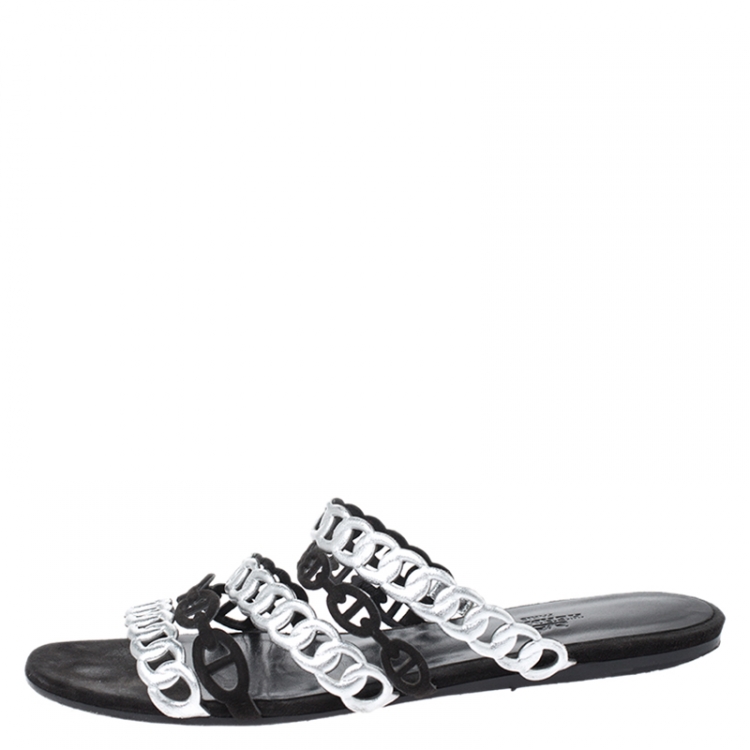 Pre Owned Hermes Metallic Silver Leather And Black Suede Chaine D'ancre Flat Sandals Size 37