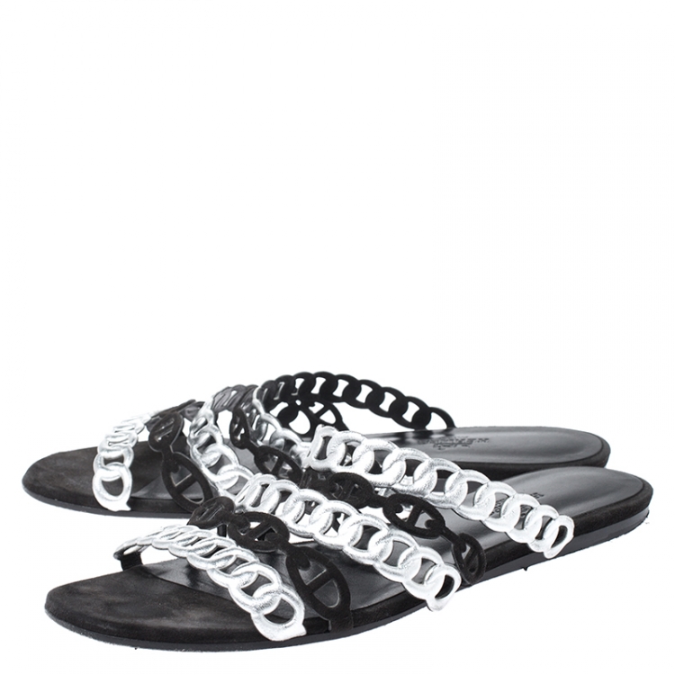 Pre Owned Hermes Metallic Silver Leather And Black Suede Chaine D'ancre Flat Sandals Size 37
