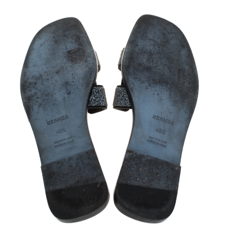 Pre Owned Hermes Black Crystal Suede Oran Flat Slides Size 40.5
