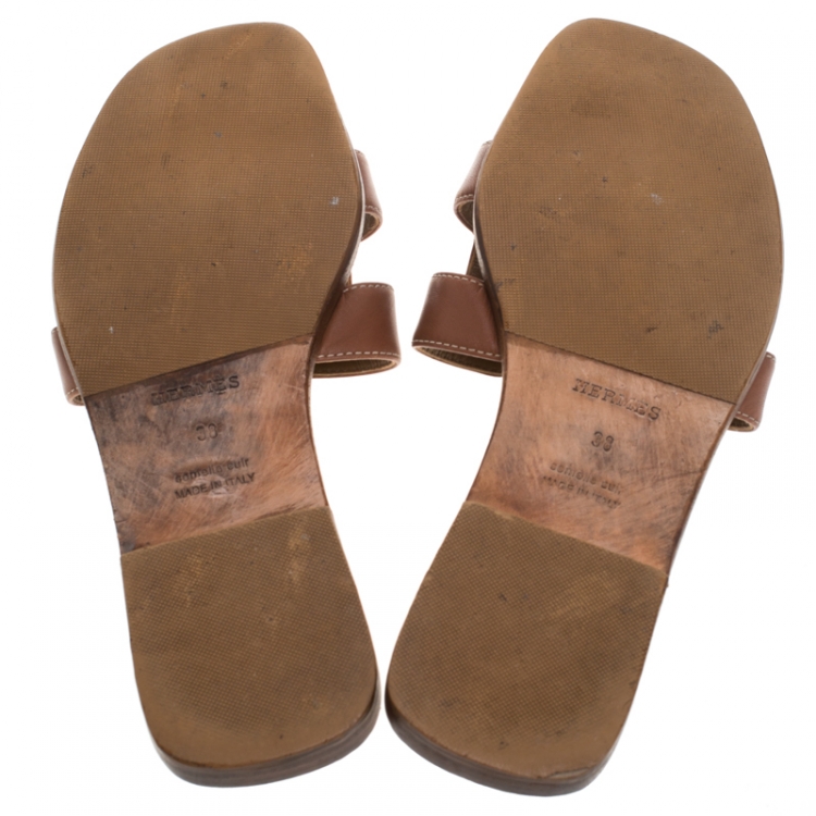 Pre Owned Hermes Brown Leather Oran Flat Slides Size 38