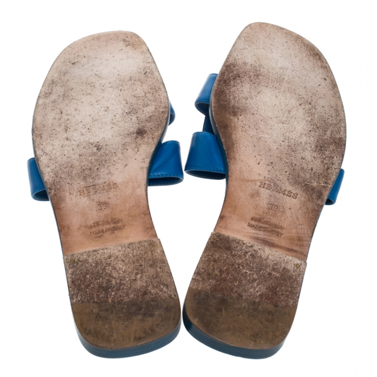 Pre Owned Hermes Blue Leather Oran Flat Slides Size 39