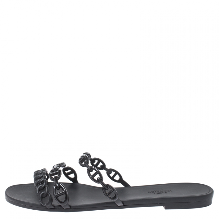 Pre Owned Hermes Black Rubber D'ancre Chaine Rivage Flats Size 40
