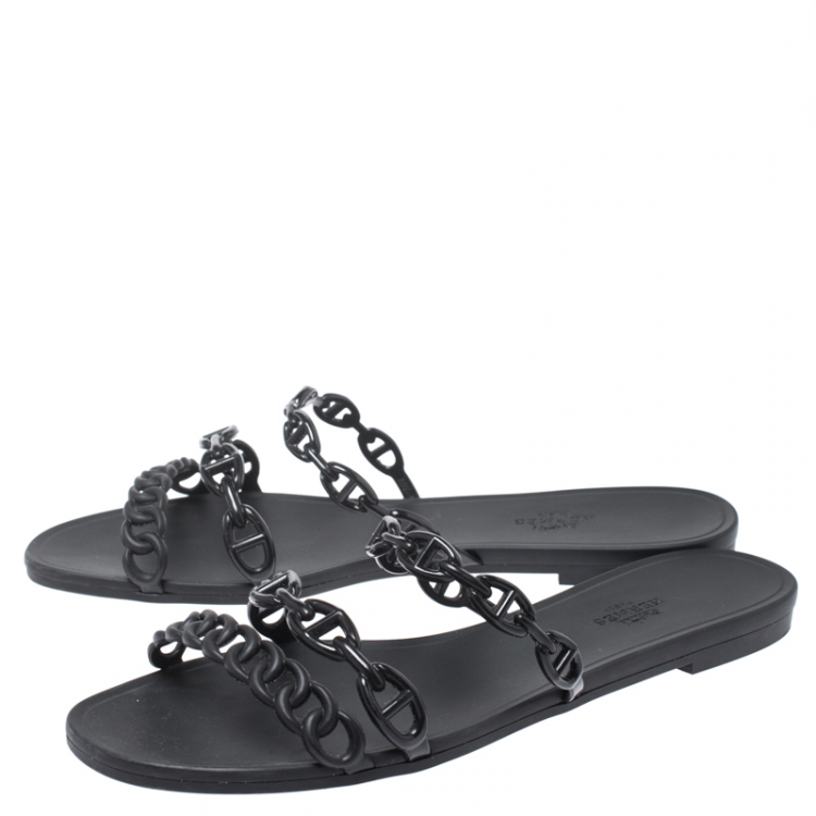Pre Owned Hermes Black Rubber D'ancre Chaine Rivage Flats Size 40