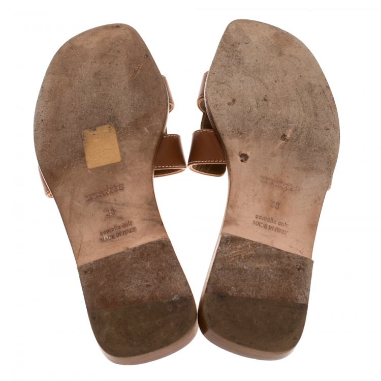 Pre Owned Hermes Brown Leather Oran Flat Slides Size 38
