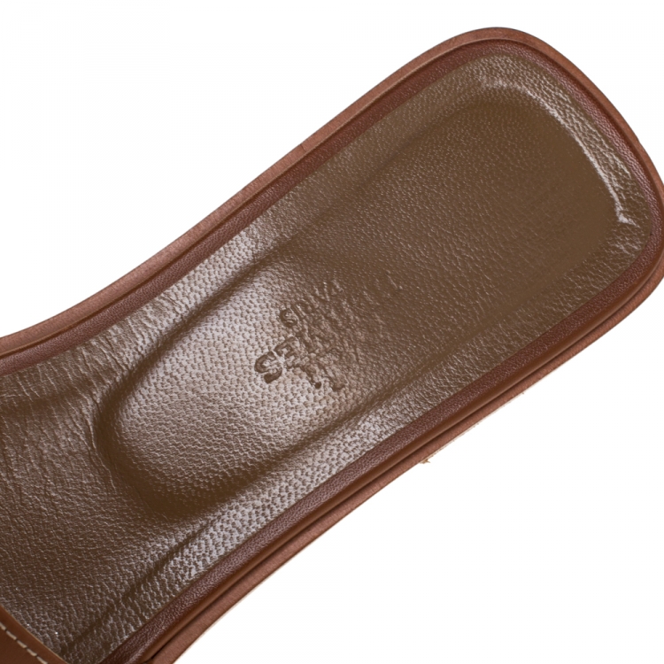 Pre Owned Hermes Brown Leather Oran Flat Slides Size 38