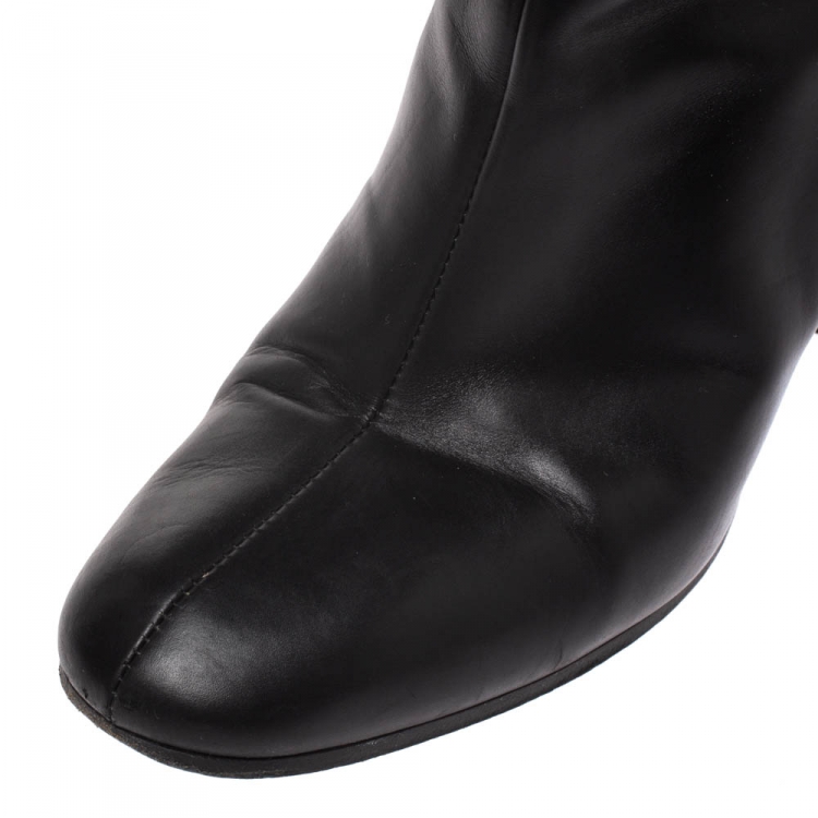 Pre Owned Hermes Black Leather Nadia Block Heel Ankle Boots Size 38.5