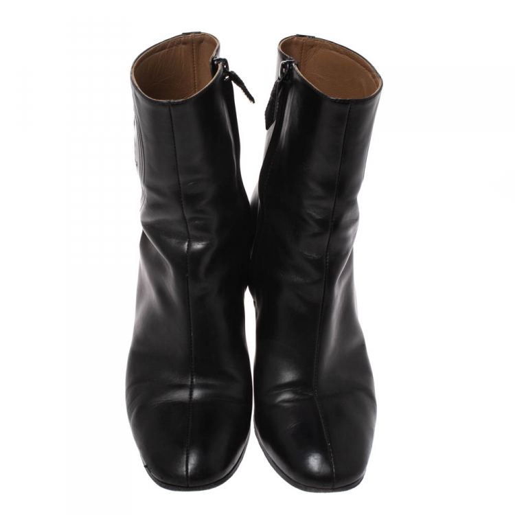 Pre Owned Hermes Black Leather Nadia Block Heel Ankle Boots Size 38.5