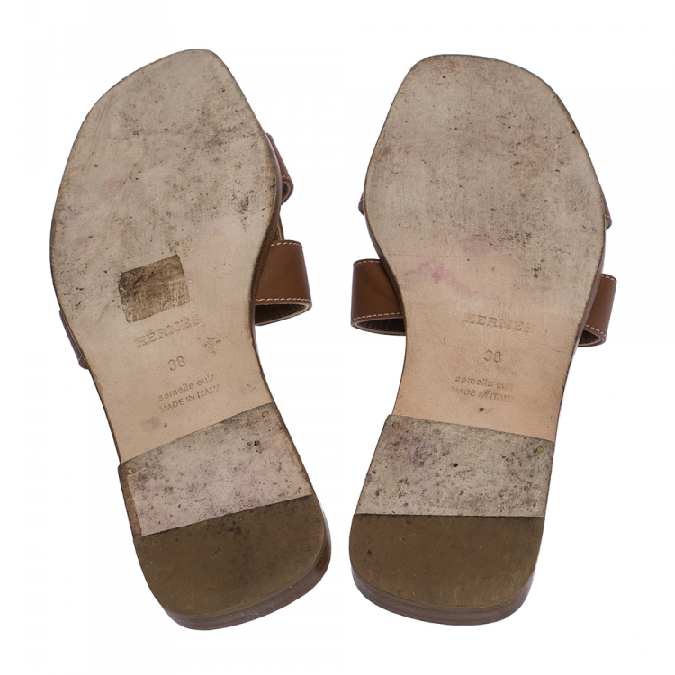 Pre Owned Hermes Brown Leather Oran Slide Flats Size 38
