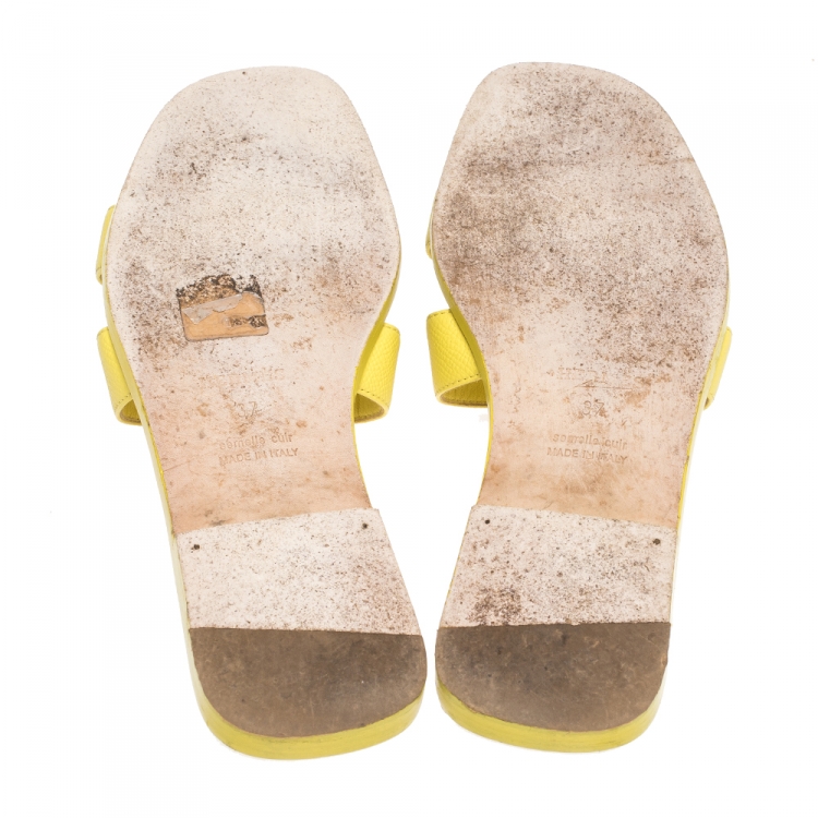 Pre Owned Hermes Yellow Leather Oran Flat Slides Size 37