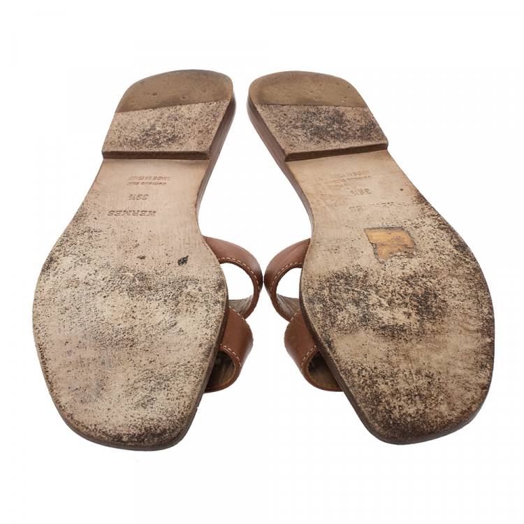 Pre Owned Hermes Brown Leather Oran Flat Slides Size 39.5