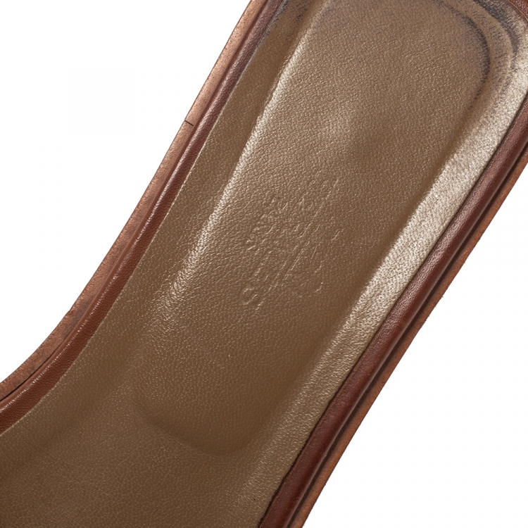 Pre Owned Hermes Brown Leather Oran Flat Slides Size 39.5