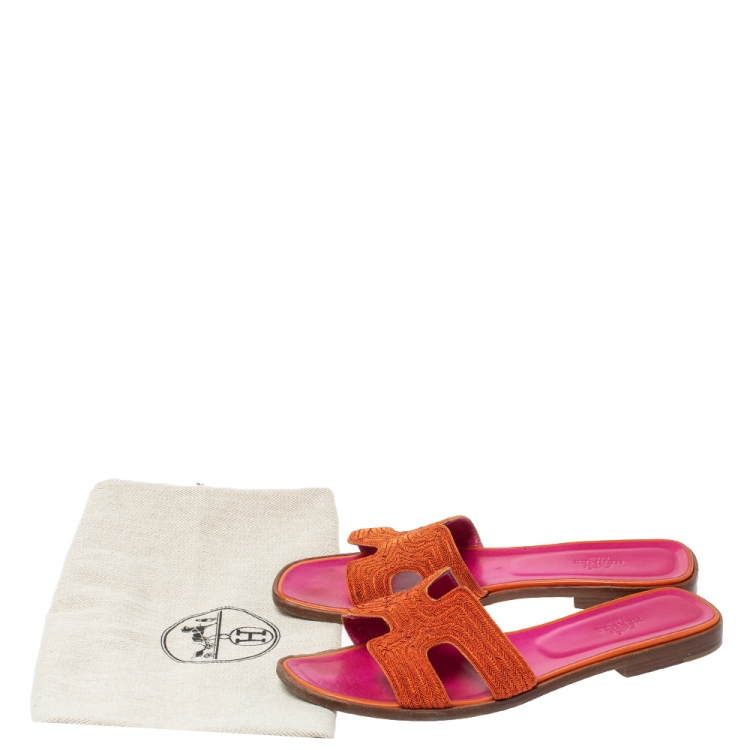 Pre Owned Hermes Orange/Pink Twill Oran Herringbone Dabka Slide Flats Size 39 