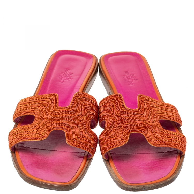 Pre Owned Hermes Orange/Pink Twill Oran Herringbone Dabka Slide Flats Size 39 