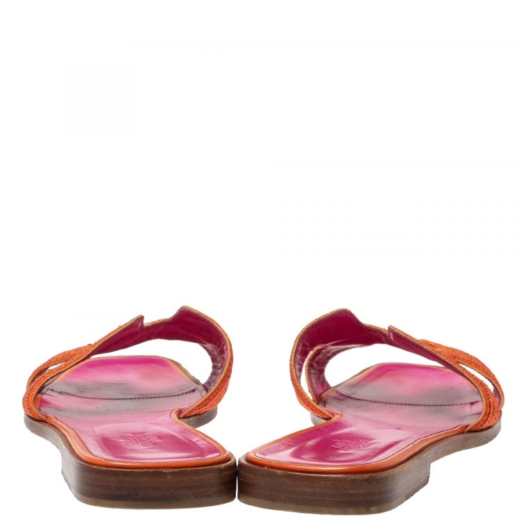 Pre Owned Hermes Orange/Pink Twill Oran Herringbone Dabka Slide Flats Size 39 