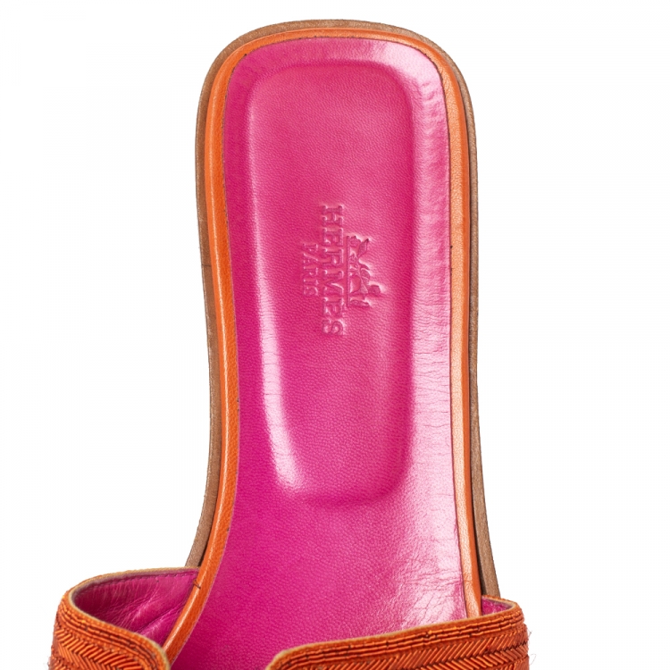 Pre Owned Hermes Orange/Pink Twill Oran Herringbone Dabka Slide Flats Size 39 