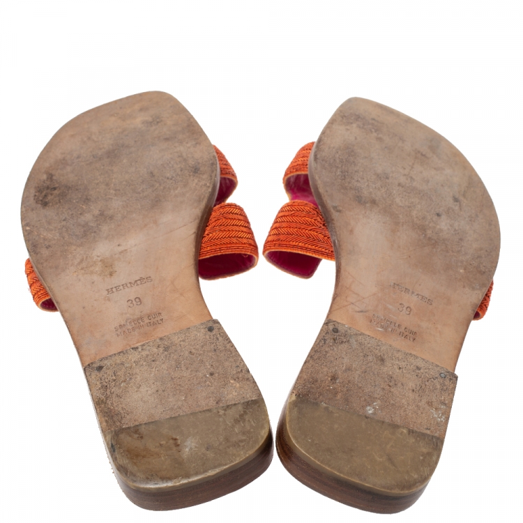 Pre Owned Hermes Orange/Pink Twill Oran Herringbone Dabka Slide Flats Size 39 