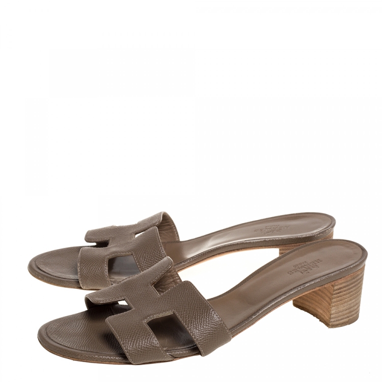 Pre Owned Hermes Grey Lizard Embossed Leather Oasis Open Toe Sandals Size 38.5