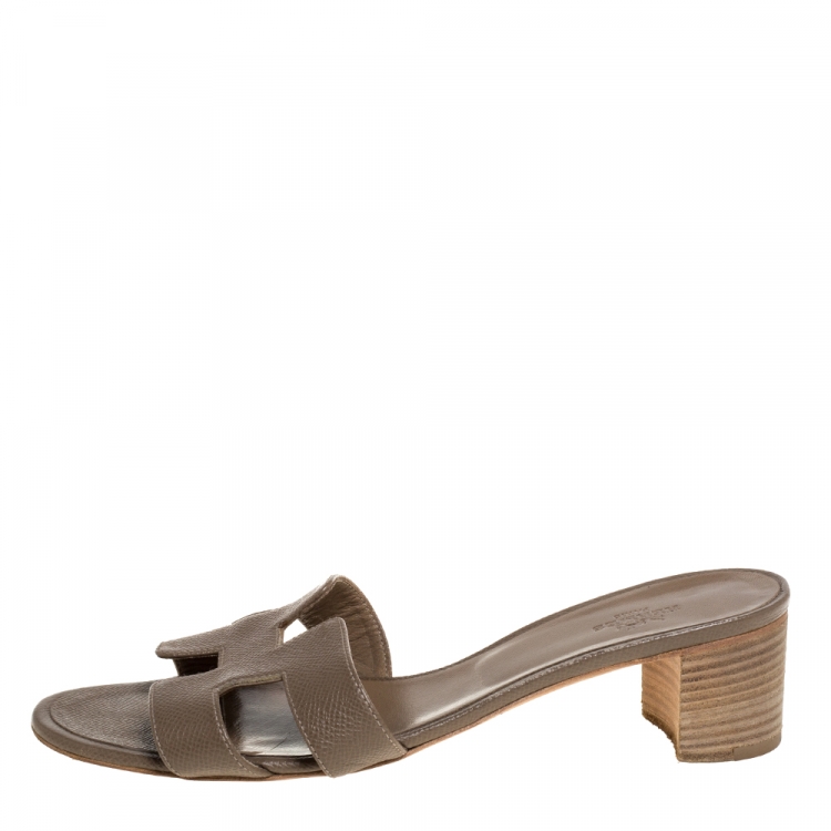 Pre Owned Hermes Grey Lizard Embossed Leather Oasis Open Toe Sandals Size 38.5