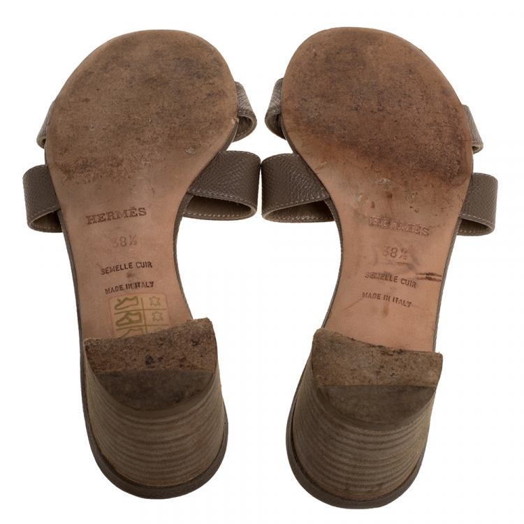 Pre Owned Hermes Grey Lizard Embossed Leather Oasis Open Toe Sandals Size 38.5