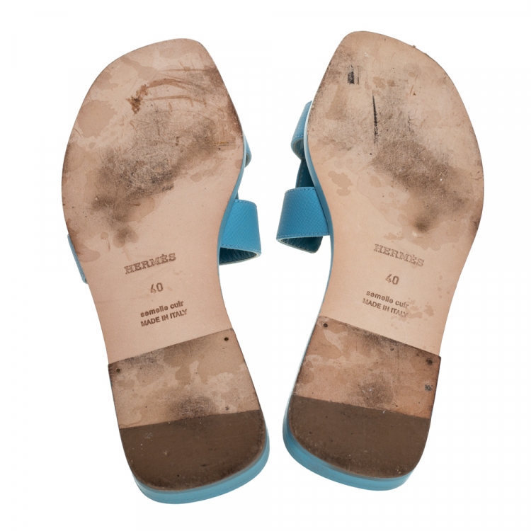 Pre Owned Hermes Light Blue Leather Oran Flat Sandals Size 40