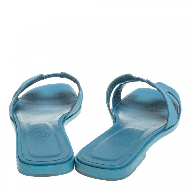 Pre Owned Hermes Light Blue Leather Oran Flat Sandals Size 40