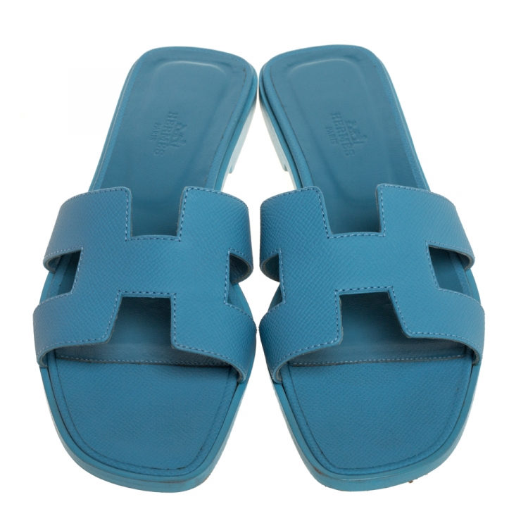 Pre Owned Hermes Light Blue Leather Oran Flat Sandals Size 40