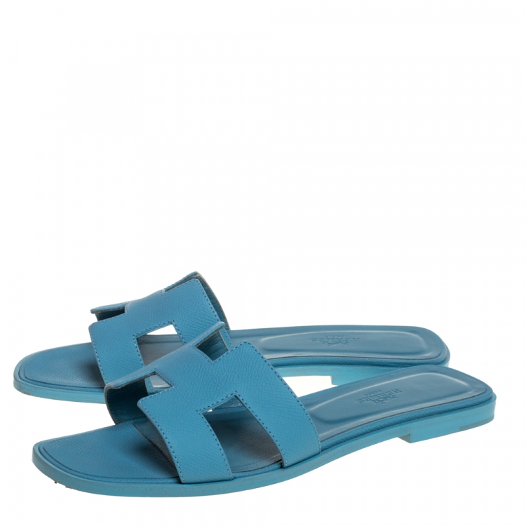 Pre Owned Hermes Light Blue Leather Oran Flat Sandals Size 40
