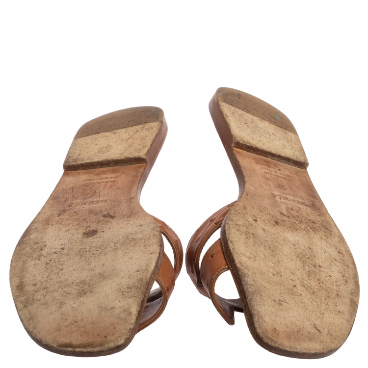 Pre Owned Hermès Brown Ostrich Leather Oran Sandals Size 37