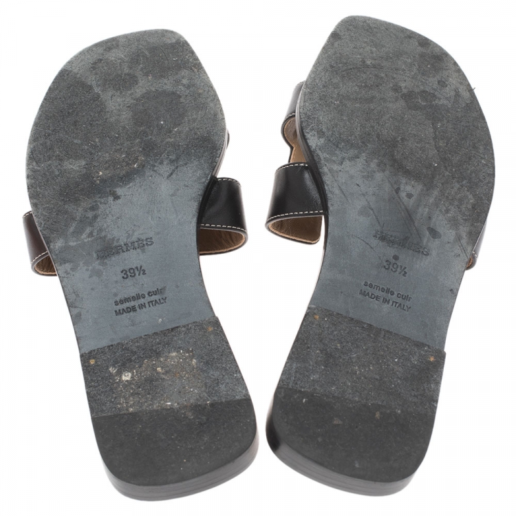 Pre Owned Hermes Black Leather Oran Flat Slides Size 39.5