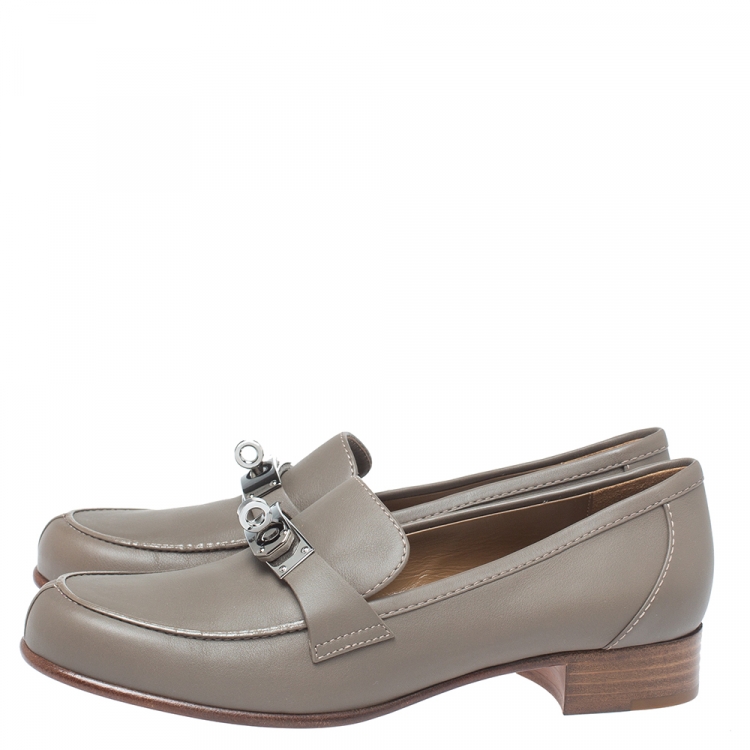 Pre Owned Hermes Tan Green Leather Kelly Loafers Size 36.5