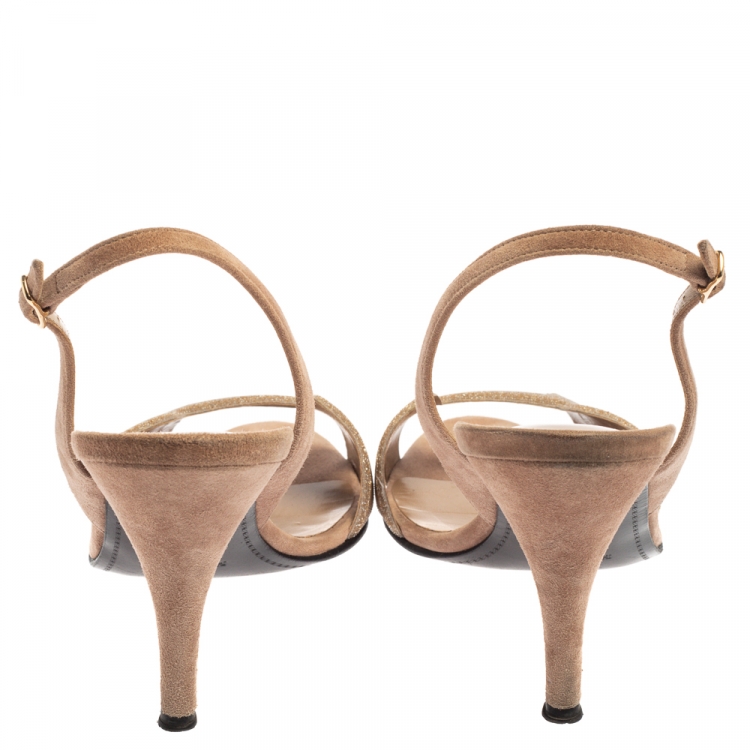 Pre Owned Hermes Beige Suede Night Crystal Powder Ankle Strap Sandals Size 39.5