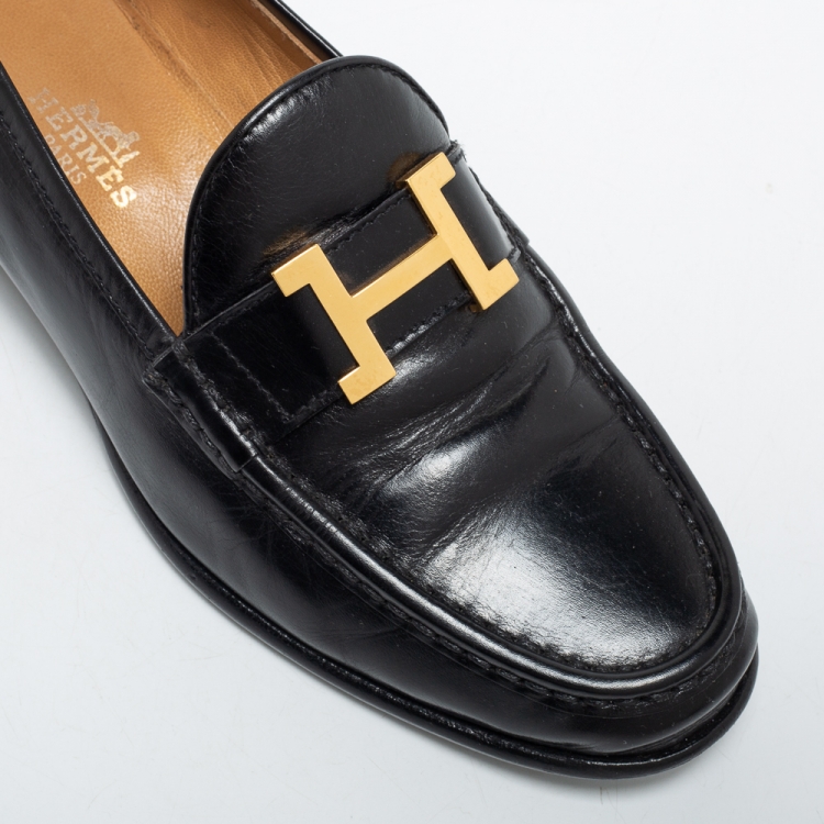 Pre Owned Hermes Black Leather H Logo Paris Loafers Size 37.5