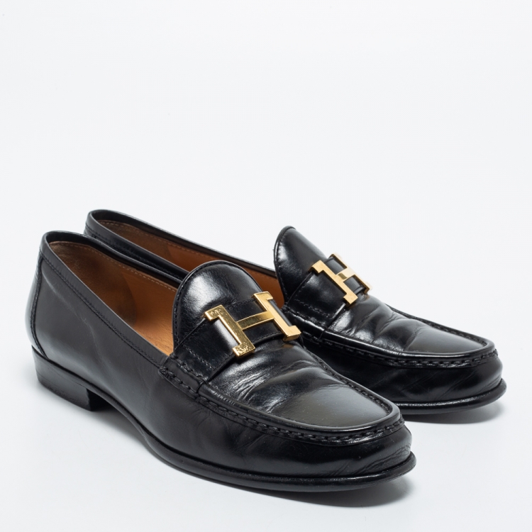 Pre Owned Hermes Black Leather H Logo Paris Loafers Size 37.5