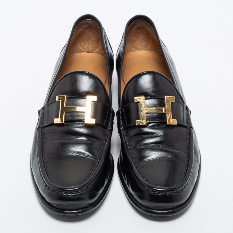 Pre Owned Hermes Black Leather H Logo Paris Loafers Size 37.5