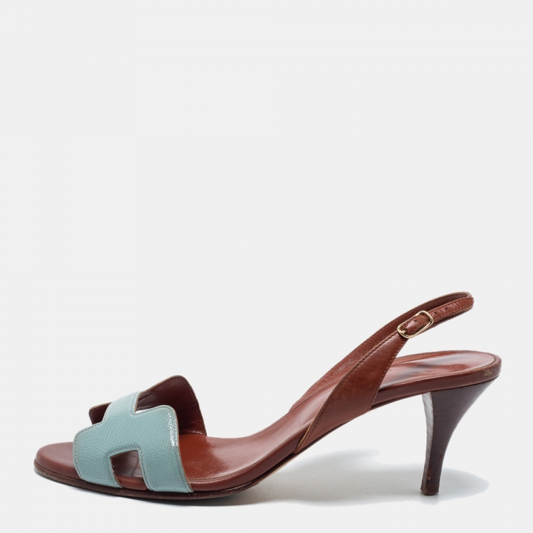 Pre Owned Hermes Grey/Brown Textured and Leather Night Slingback Sandals Size 38