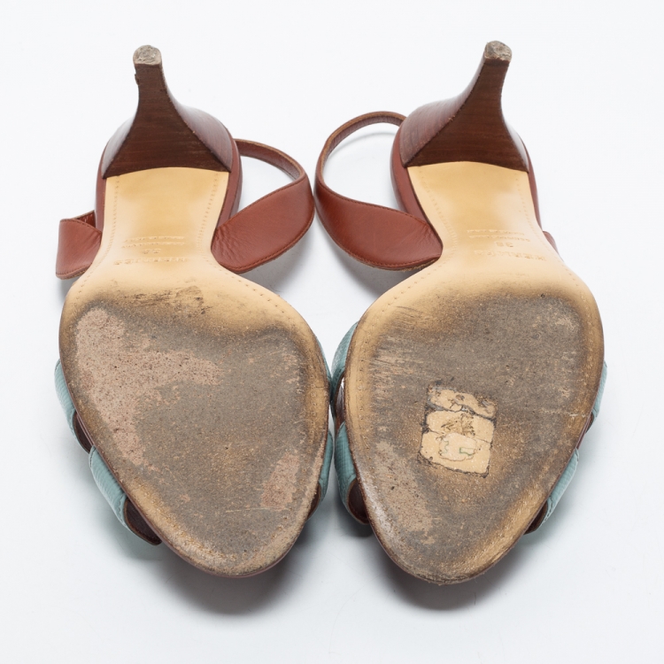 Pre Owned Hermes Grey/Brown Textured and Leather Night Slingback Sandals Size 38