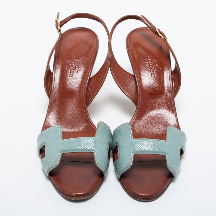 Pre Owned Hermes Grey/Brown Textured and Leather Night Slingback Sandals Size 38