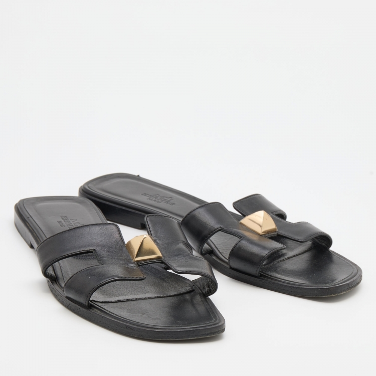 Pre Owned Hermes Black Leather Oran Embellished Flat Slides Size 38