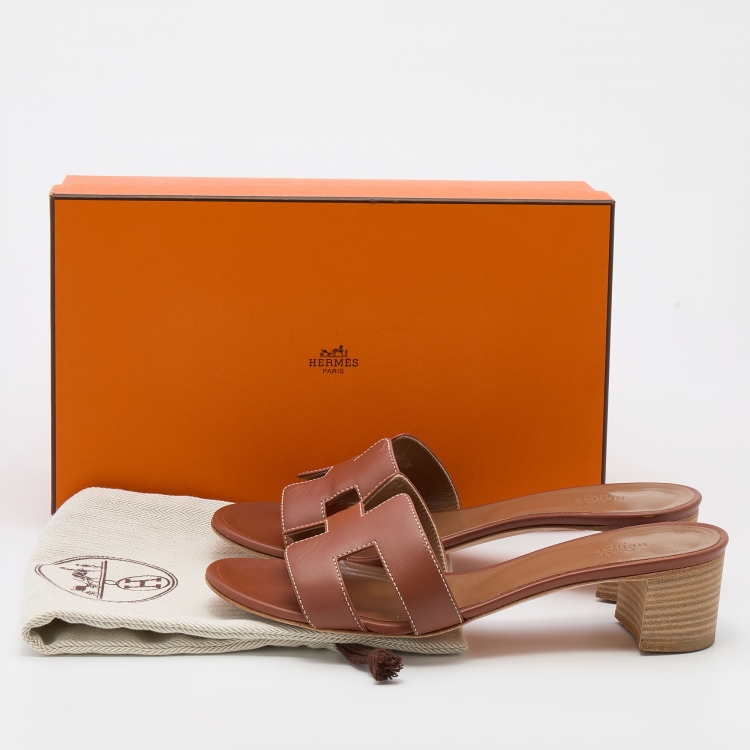 Pre Owned Hermes Brown Leather Oasis Slide Sandals Size 37.5