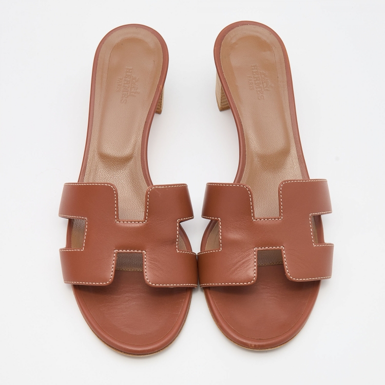 Pre Owned Hermes Brown Leather Oasis Slide Sandals Size 37.5