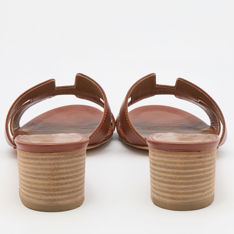 Pre Owned Hermes Brown Leather Oasis Slide Sandals Size 37.5