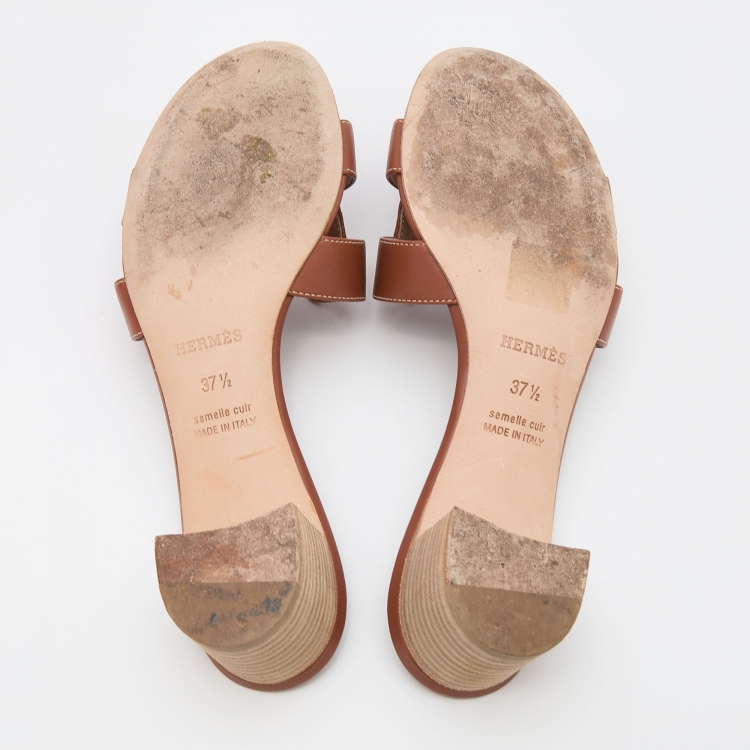 Pre Owned Hermes Brown Leather Oasis Slide Sandals Size 37.5