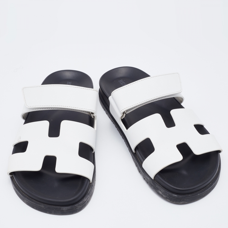 Pre Owned Hermes White Leather Chypre Flat Slides Size 37.5